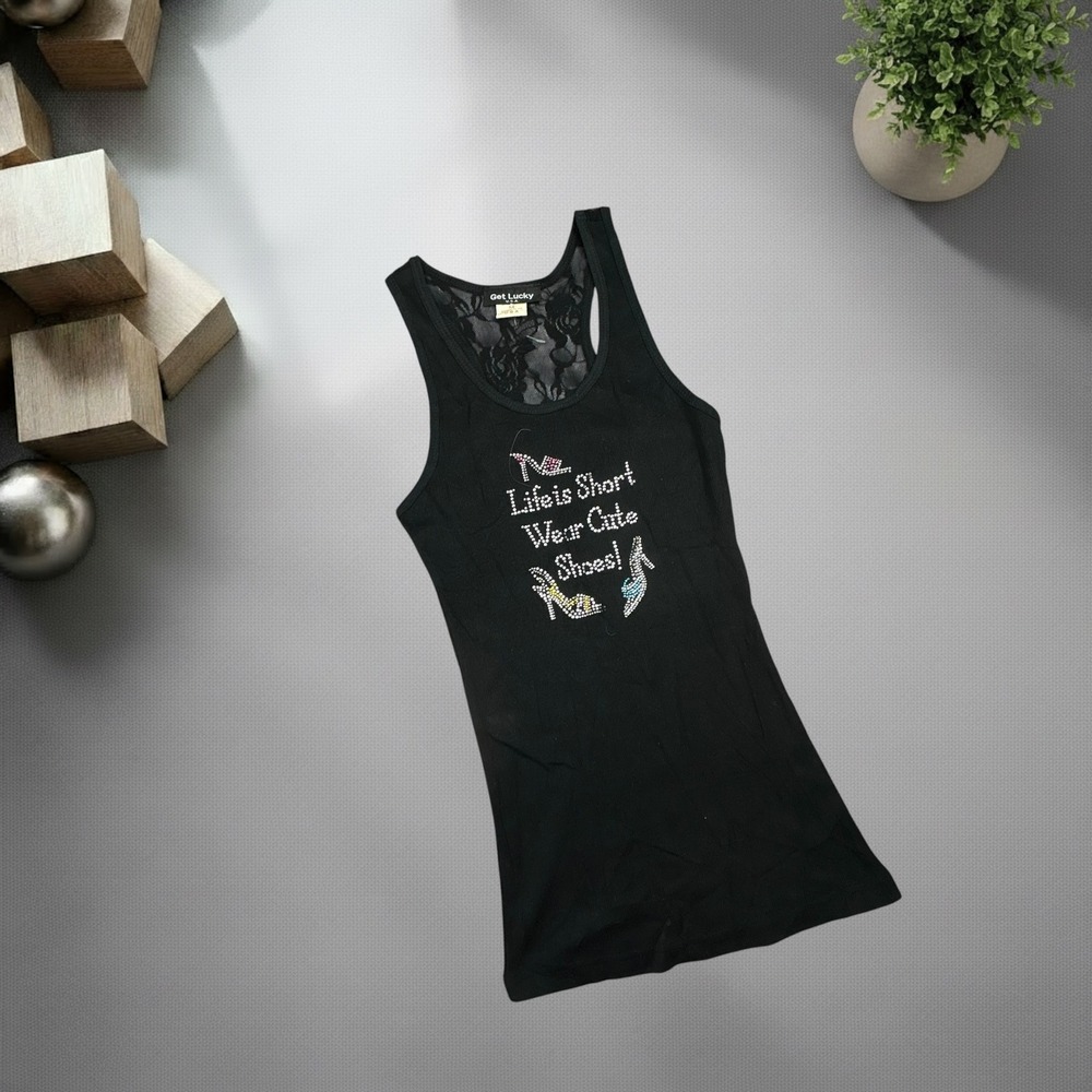 Get Lucky USA Vintage Y2K Rhinestone Lace Back Tank Top Black Medium